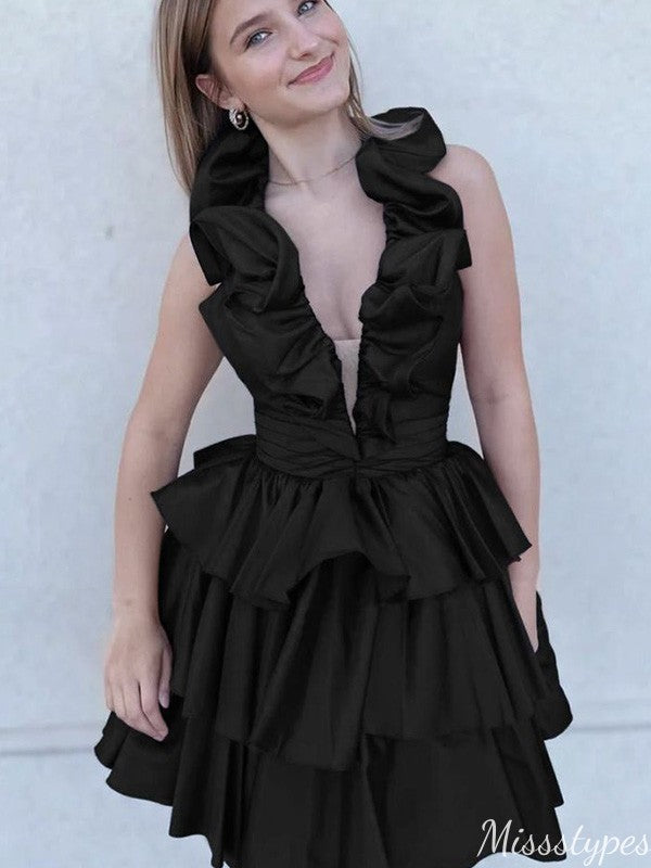 Gorgeous Deep V-neck Halter A-line Short Mini Homecoming Dress,HM480