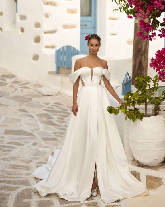 Popular Women Off Shoulder White Long A-Line Fashion Wedding Dresses,HS86