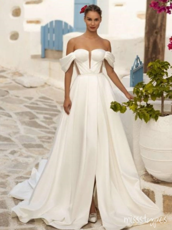 Popular Women Off Shoulder White Long A-Line Fashion Wedding Dresses,HS86