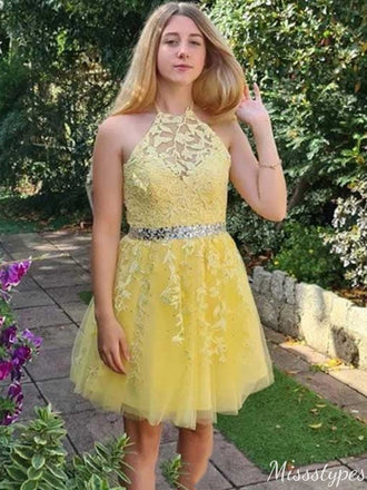 Elegant Halter Lace A-line Short Mini Homecoming Dress,HM308