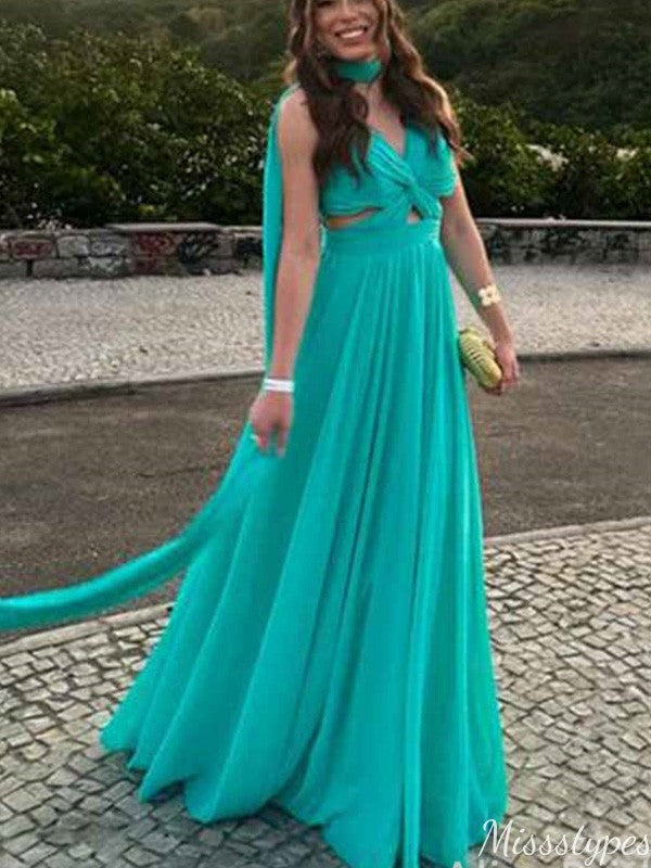 Elegant Halter V-neck A-line Long Prom Dress Ideas, Evening Party Dresses,ZX1058