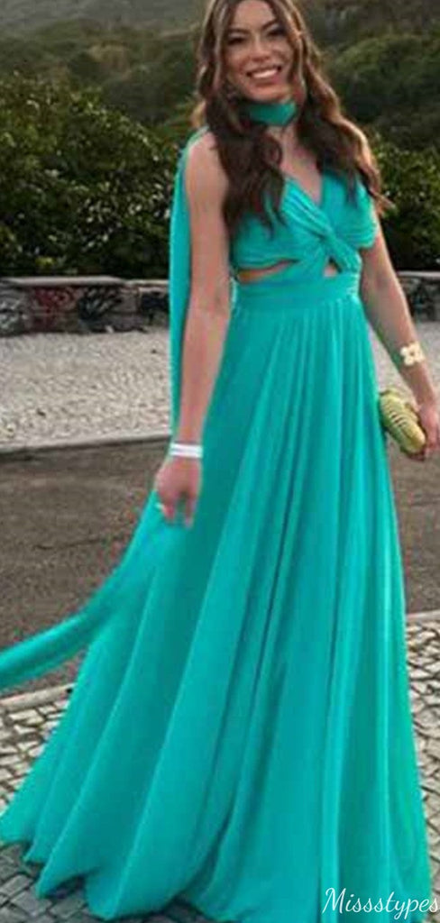 Elegant Halter V-neck A-line Long Prom Dress Ideas, Evening Party Dresses,ZX1058