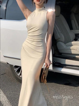 White Simple Mermaid Halter Bodycon Long Evening Prom Evening Dress,ZX213