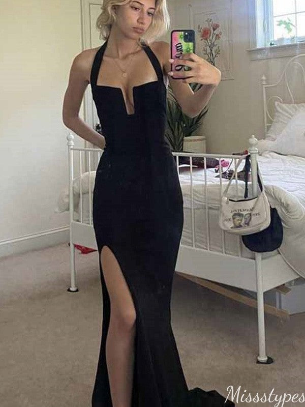 Sexy Black Halter Notched Mermaid Long Prom Dress Ideas, Evening Party Dresses,ZX1062