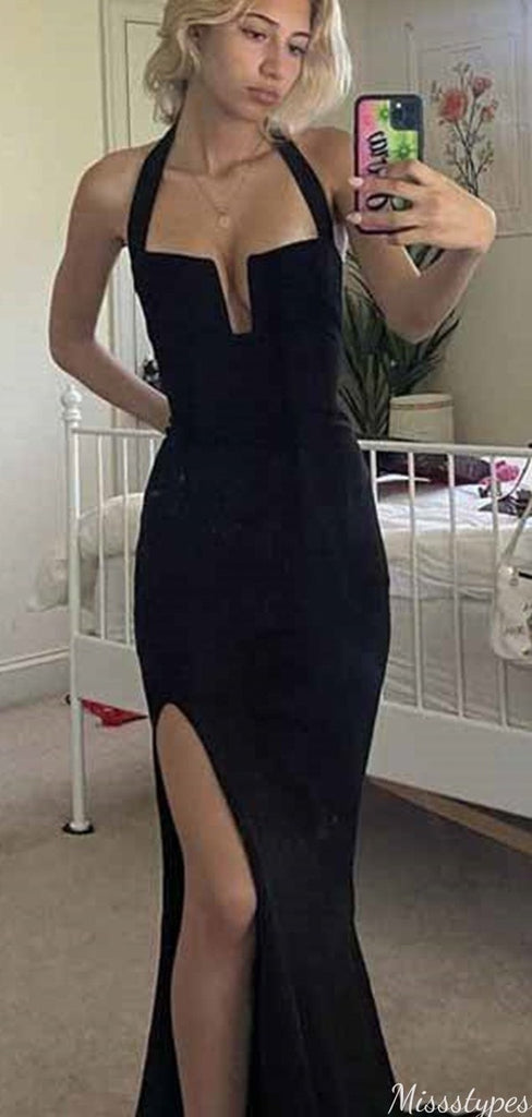 Sexy Black Halter Notched Mermaid Long Prom Dress Ideas, Evening Party Dresses,ZX1062
