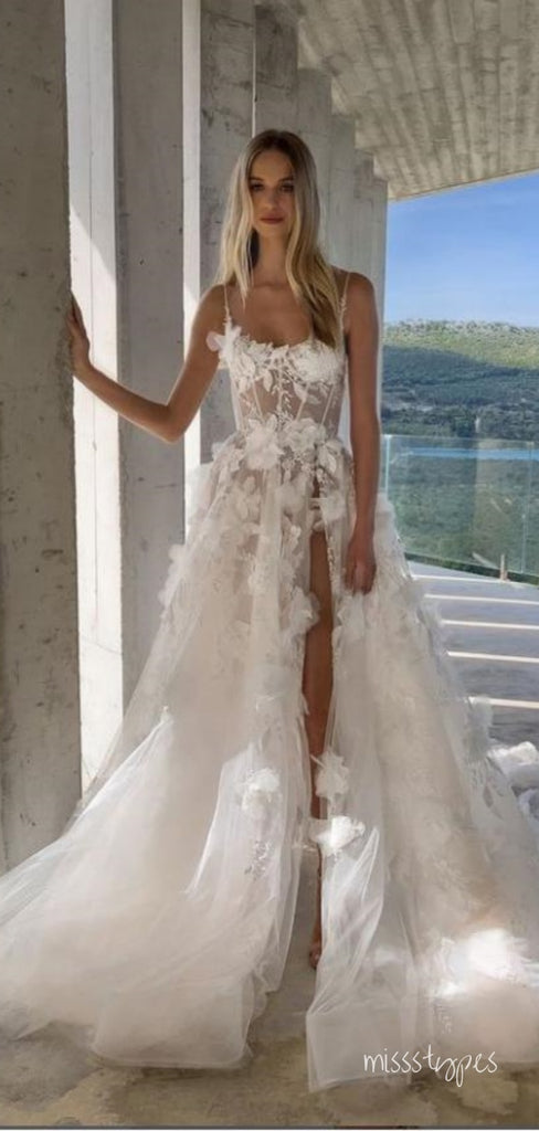 Beautiful Spaghetti Strap Appliqued Side Slit Long Fashion Wedding Dresses,HS101