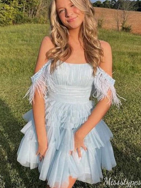 Elegant Spaghetti Strap Off-shoulder A-line Short Mini Homecoming Dress,HM492