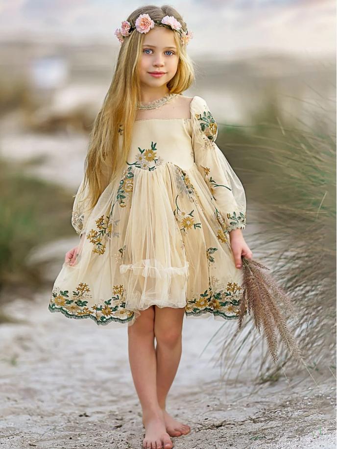 Yellow Full Sleeve Tulle Appliqued Little Flower Girl Dresses, ET52