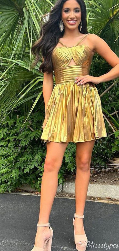 Sexy Gold Spaghetti Strap A-line Short Mini Homecoming Dress,HM496