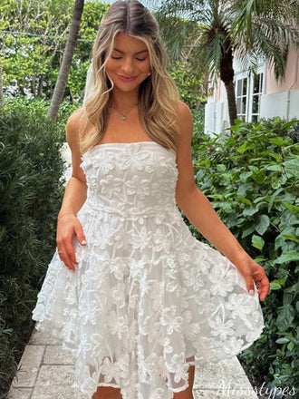 Elegant Strapless Square Lace A-line Mini Homecoming Dress,HM304