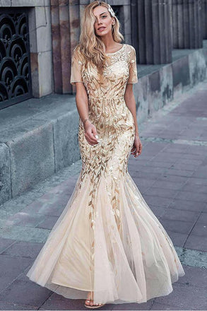 Luxurious Mermaid Champagne Mermaid Round-Neck Tulle Long Prom Evening Dress,ZX339