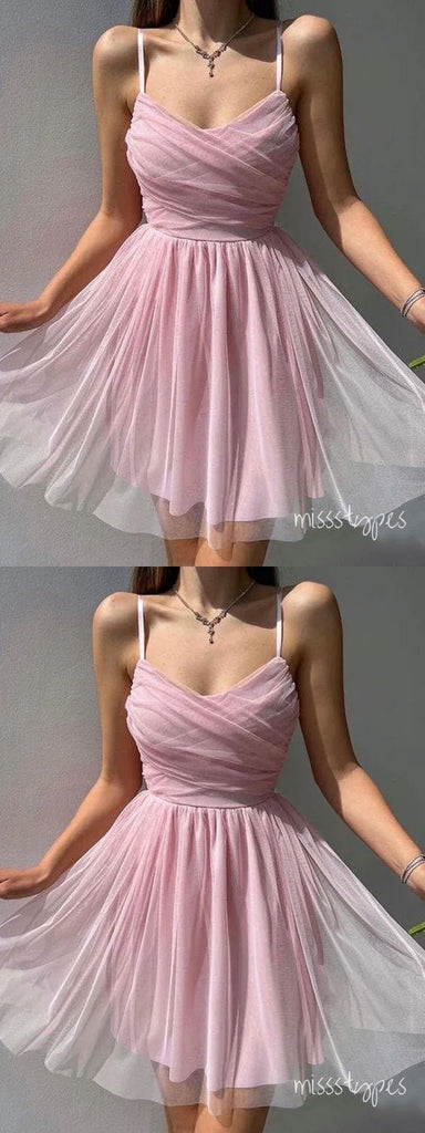 Simple Pink A-line Spaghetti Straps Short Prom Homecoming Dresses, HM93