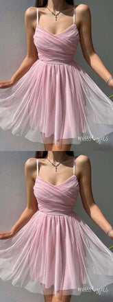 Simple Pink A-line Spaghetti Straps Short Prom Homecoming Dresses, HM93