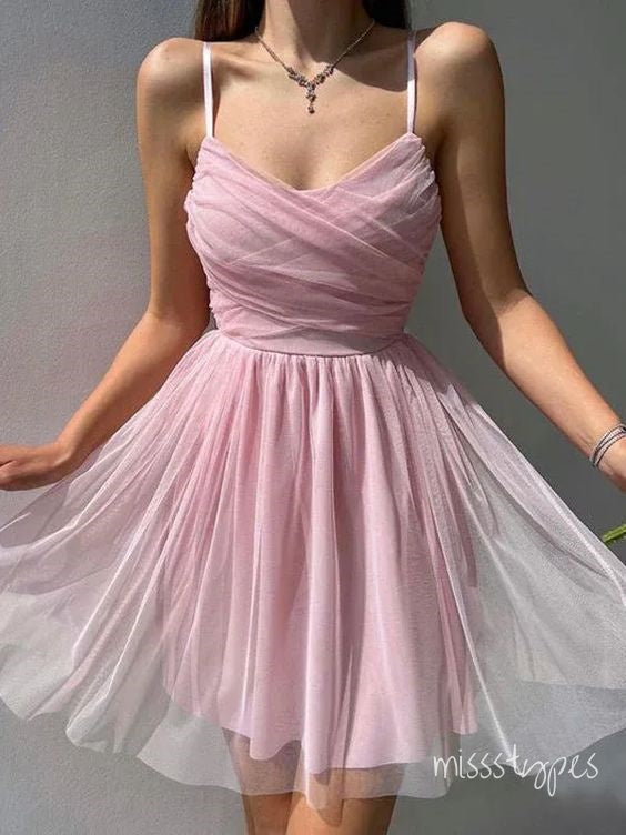 Simple Pink A-line Spaghetti Straps Short Prom Homecoming Dresses, HM93