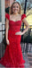 Hot Red Cap Shoulder Appliqued Square Mermaid Long Prom Evening Dress,ZX349