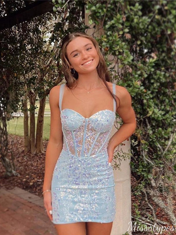 Sexy Spaghetti Strap Sweetheart Lace Sheath Mini Homecoming Dress,HM303