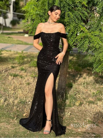 Sparkly Black Off Shoulder Side Slit Floor-Length Long Prom Evening Dress,ZX328
