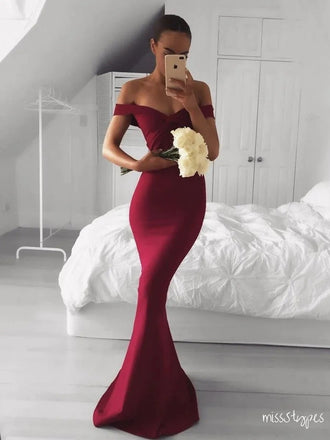 Simple Burgundy Sweetheart Off Shoulder Soft Floor-Length Mermaid Prom Dresses ZX32