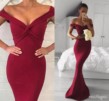 Simple Burgundy Sweetheart Off Shoulder Soft Floor-Length Mermaid Prom Dresses ZX32