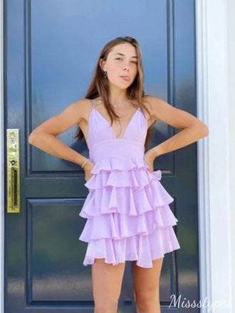 Casual Spaghetti Strap V-neck A-line Mini Homecoming Dress,HM311
