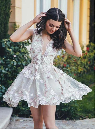 Flower Appliqued Cute Tulle A-Line V-Neck Women Mini Party Homecoming Dresses,HM211