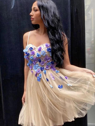 Charming Beaded Spaghetti Strap Tulle Champagne Women Mini Party Homecoming Dresses,HM208