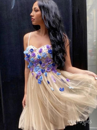 Charming Beaded Spaghetti Strap Tulle Champagne Women Mini Party Homecoming Dresses,HM208