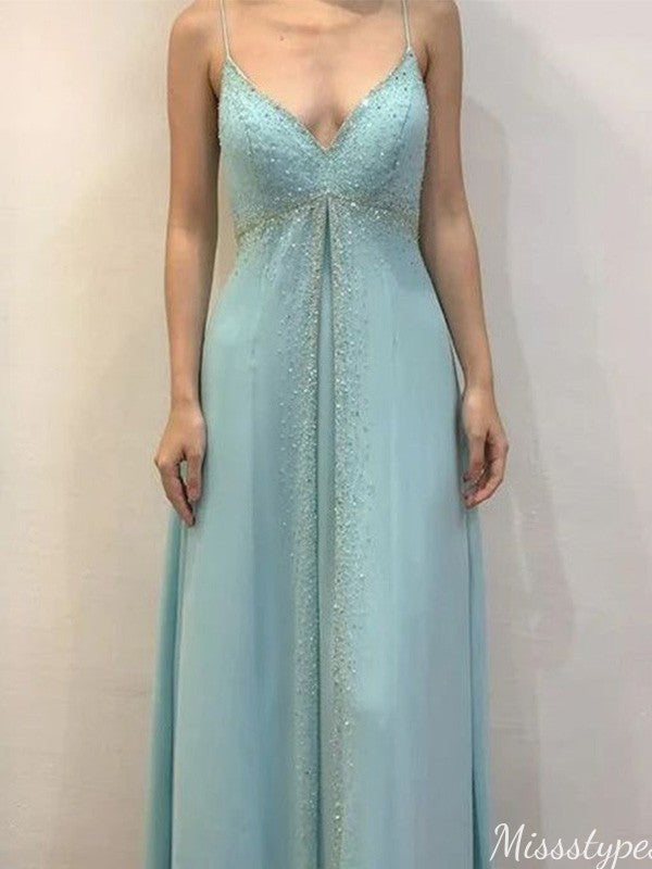Elegant Spaghetti Strap V-neck A-line Long Prom Dress Ideas, Evening Party Dresses,ZX1113
