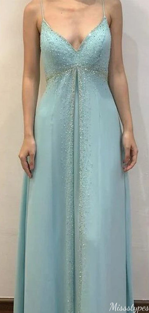 Elegant Spaghetti Strap V-neck A-line Long Prom Dress Ideas, Evening Party Dresses,ZX1113