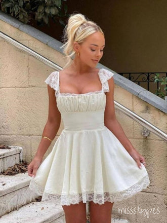 Cute Square Beige Cap Shoulder Lace A-Line Short Party Homecoming Dresses,HM191