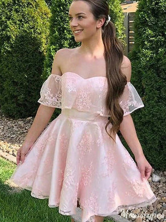 Elegant Sweetheart Off-shoulder Lace A-line Short Mini Homecoming Dress,HM315