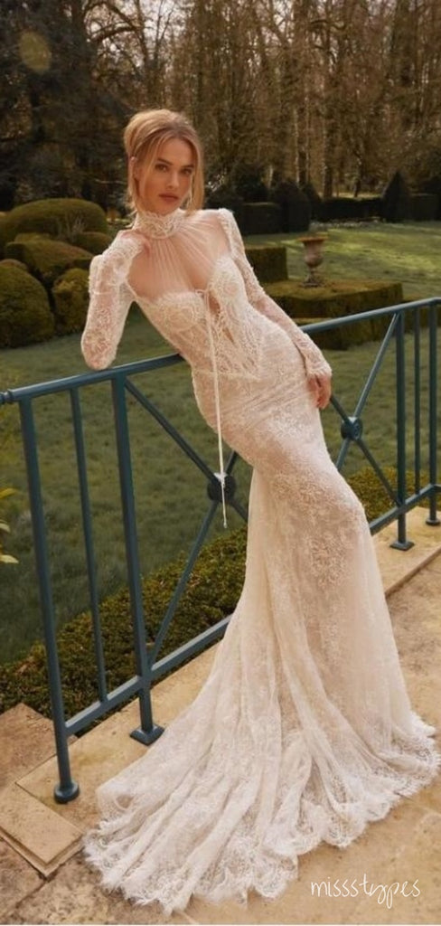 Sexy Sweetheart See Through Pale Champagne Mermaid Lace Full Sleeve Long Fashion Wedding Dresses,HS107