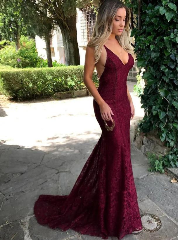 Burgundy Sexy V-Neck Mermaid Spaghetti Strap With Trailing Long Prom Evening Dress,ZX295