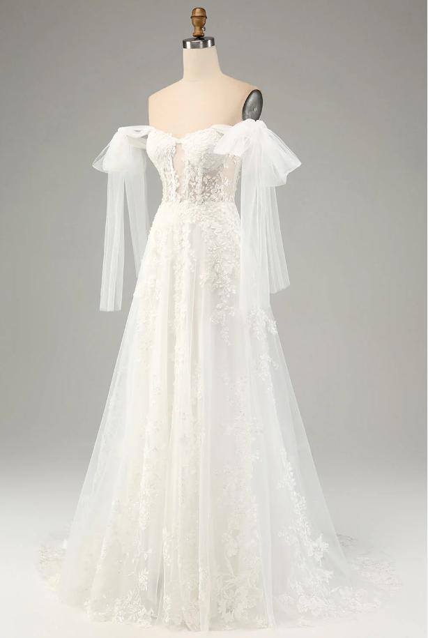 White Off Shoulder Empire Elegant A-Line Fashion Wedding Dresses,HS79