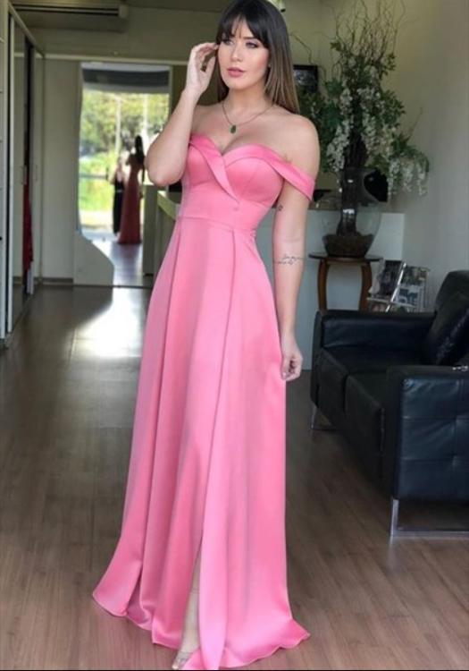 Vintage Pink Off Shoulder Side Slit Women Evening Prom Evening Dress,ZX233