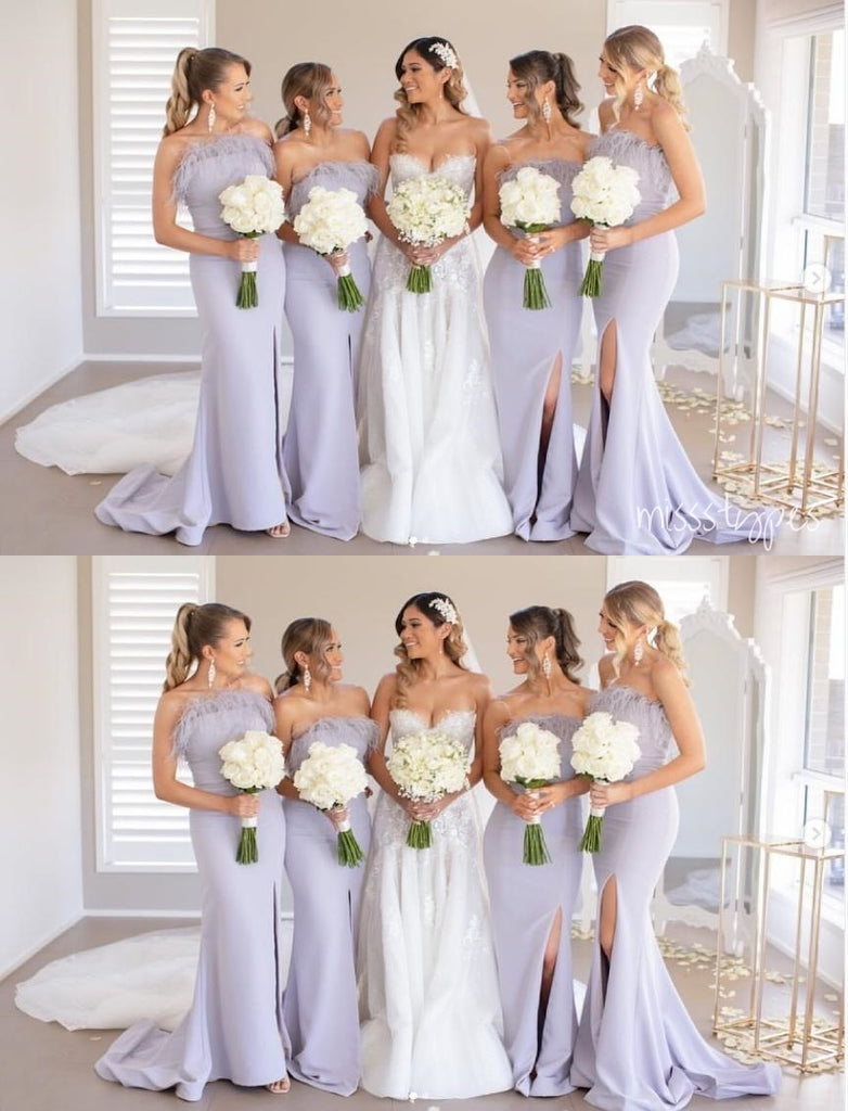 Lilac Side Slit Feather Straight Across Mermaid Long Bridesmaid Dresses Online, BL86