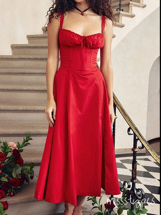 Simple Red Pleat Spaghetti Strap Highwaisted Long Fashion Prom Dresses,ZX103