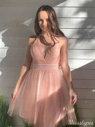 Gorgeous V-neck Halter A-line Short Mini Homecoming Dress,HM318