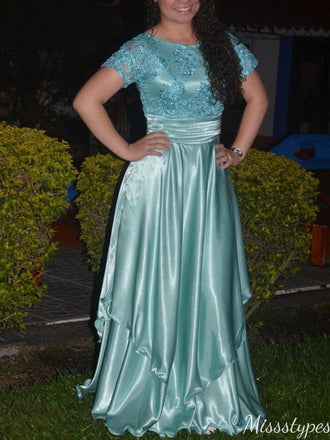 Gorgeous Short Sleeves A-line Long Prom Dress Ideas, Evening Party Dresses,ZX1139