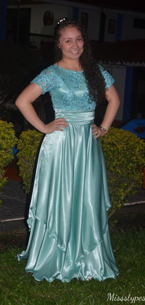 Gorgeous Short Sleeves A-line Long Prom Dress Ideas, Evening Party Dresses,ZX1139