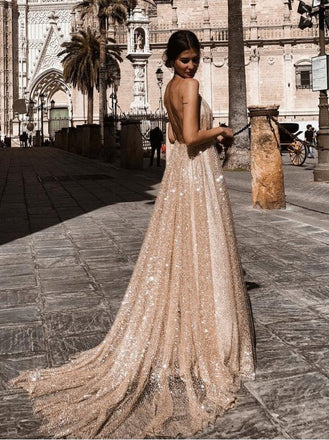 Sexy V-Neck Champagne Sparkly Spaghetti Strap With Trailing Long Prom Evening Dress,ZX292