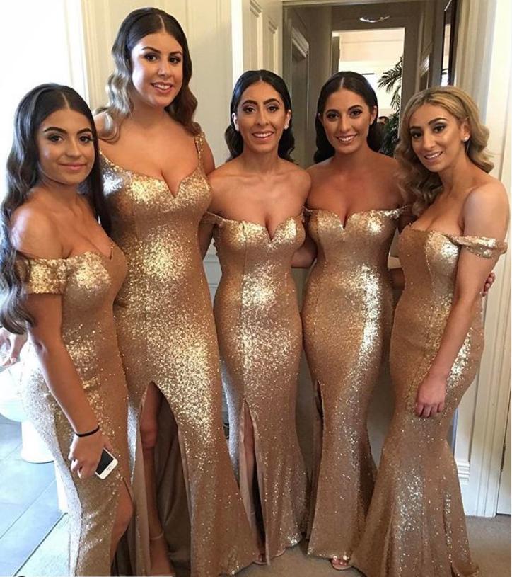 Sexy V-Neck Side Slit Gold Bodycon Long Bridesmaid Dresses Online, BL89