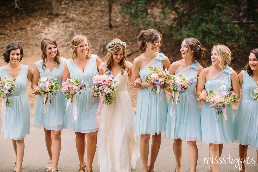 Tulle Mismatched Blue Cheerful Lace Knee-Length Bridesmaid Dresses Online, BL37