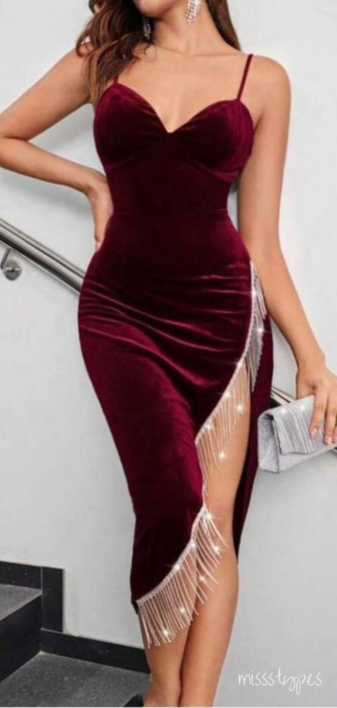 Charming Burgundy Sweetheart Beading Mismatched Tea-Length Long Prom Evening Dress,ZX312