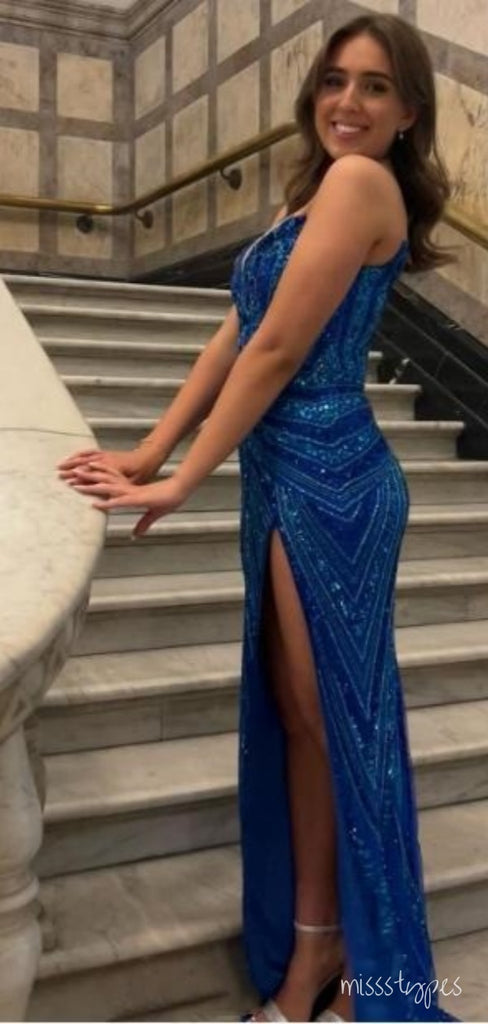 Sexy Sparkly Blue Sweetheart Mermaid Side Slit Fashion Prom Dresses,ZX181