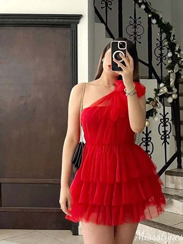 Casual One-shoulder A-line Short Mini Homecoming Dress,HM551