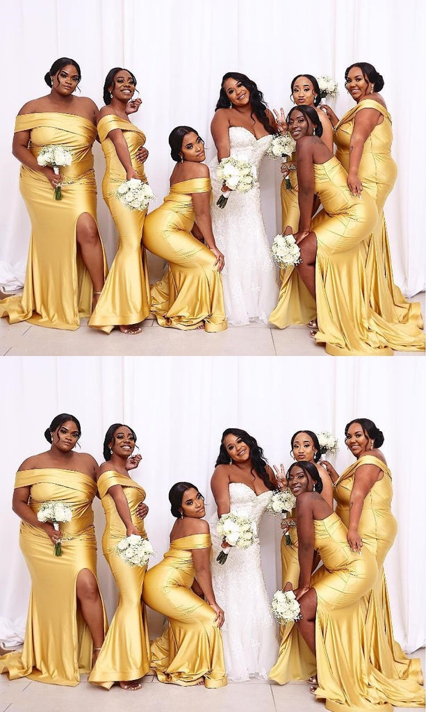 Yellow Pretty Mermaid Off Shoulder Side Slit Bridesmaid Dresses Online, BL08