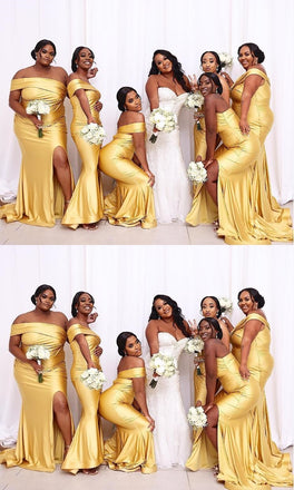 Yellow Pretty Mermaid Off Shoulder Side Slit Bridesmaid Dresses Online, BL08