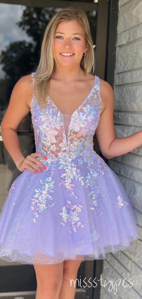 Beautiful Purple V-Neck Appliqued Tulle Mini Homecoming Dresses, HM74