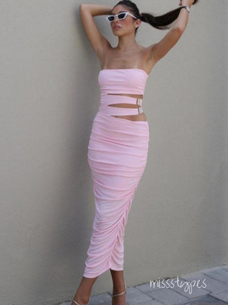 Unique Pink Women Mermaid Strapless Tea-Length Long Prom Evening Dress,ZX327